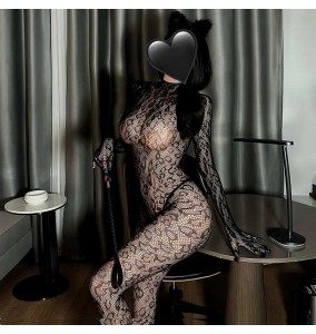 FEE ET MOI - Leopard Print High-Neck Backless Bodystocking (Black)
